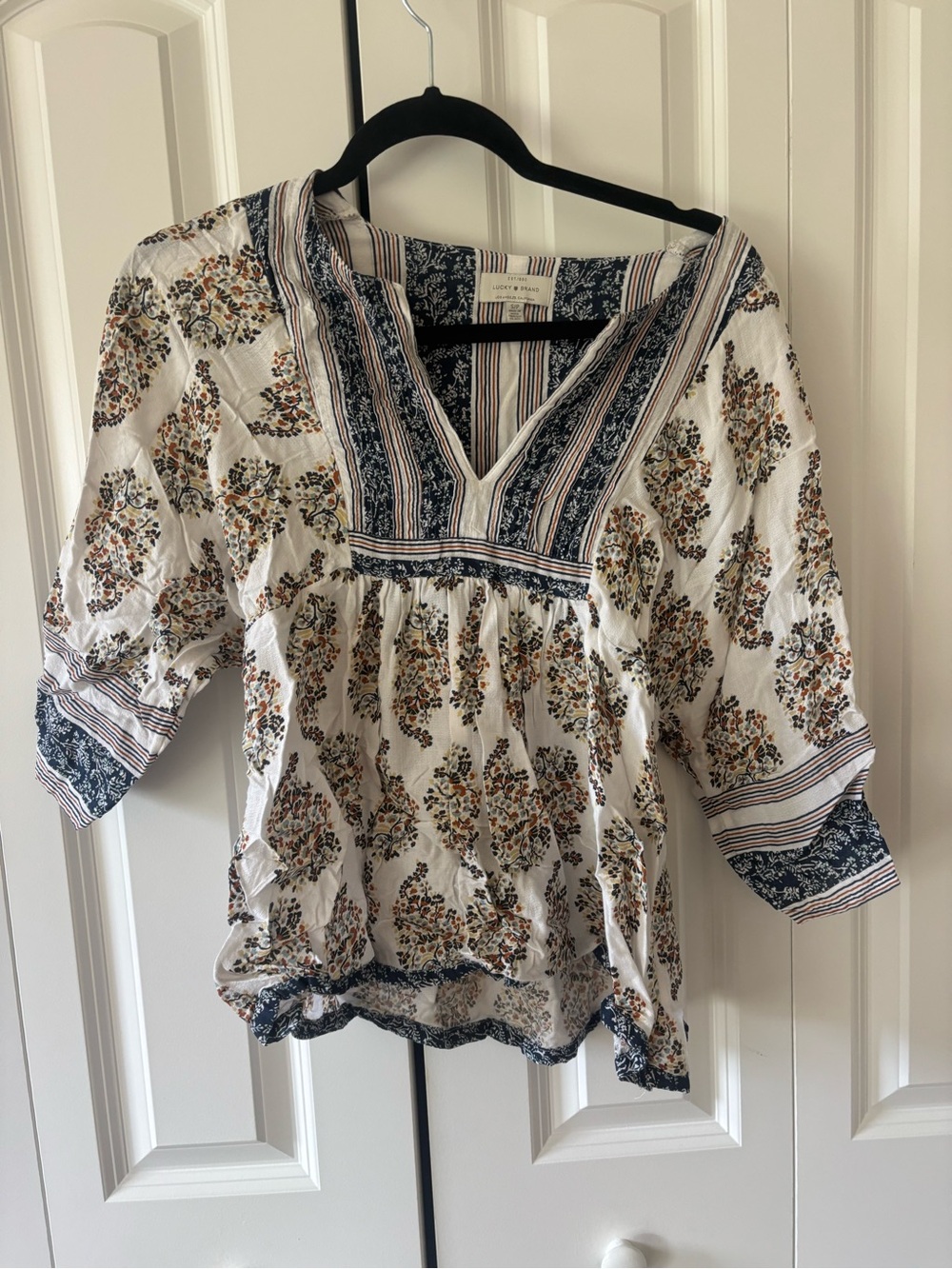 Lucky Brand White Floral V-Neck Peasant Top with Navy and Mustard Accents